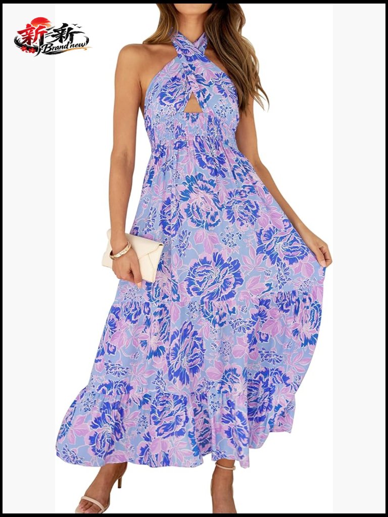 Women's Crossover Halter Neck Sleeveless Plaid Cut Out Backless Flowy A Line
